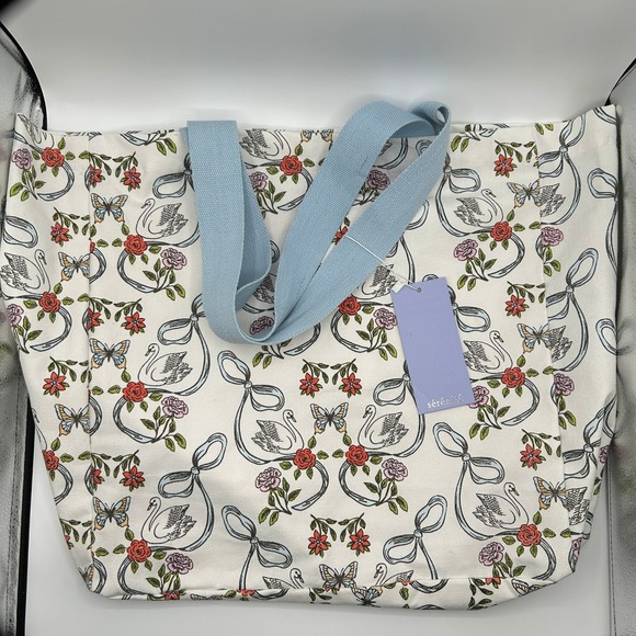Serenite Handbags - Serenite Large Tote Bag White Canvas Floral Swan Butterfly 100% Cotton NWT
